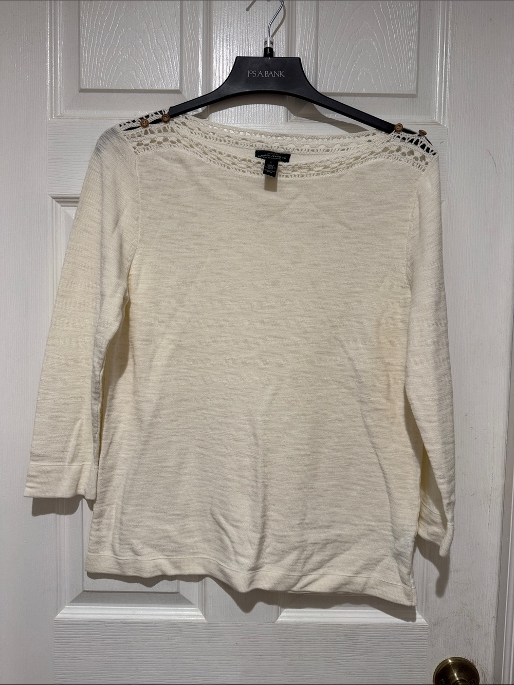 Ralph Lauren Cream Crochet-Trim Scoop Neck Sweater